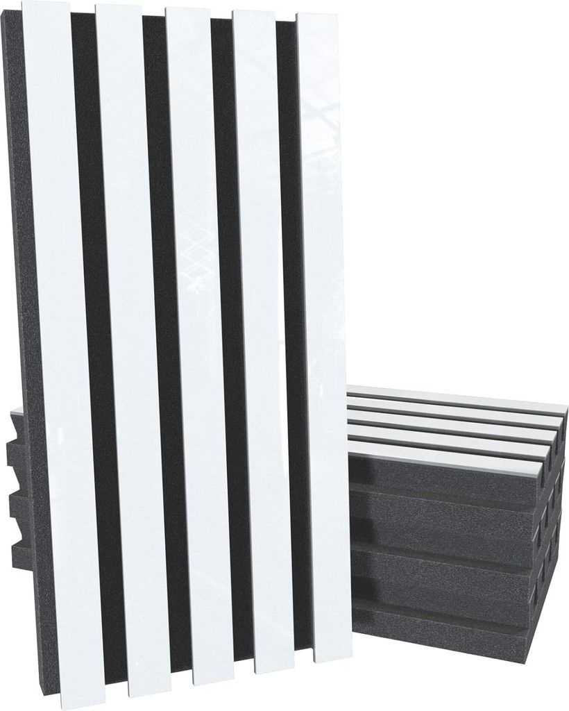 4er-Pack – Akustik-Lamellenholz (HDF) "Pole-HALF" Wandpaneel-Set | 50x25cm | Diffusion | Geräuschreduzierung | [53mm | Weiß glänzender Kunstst...