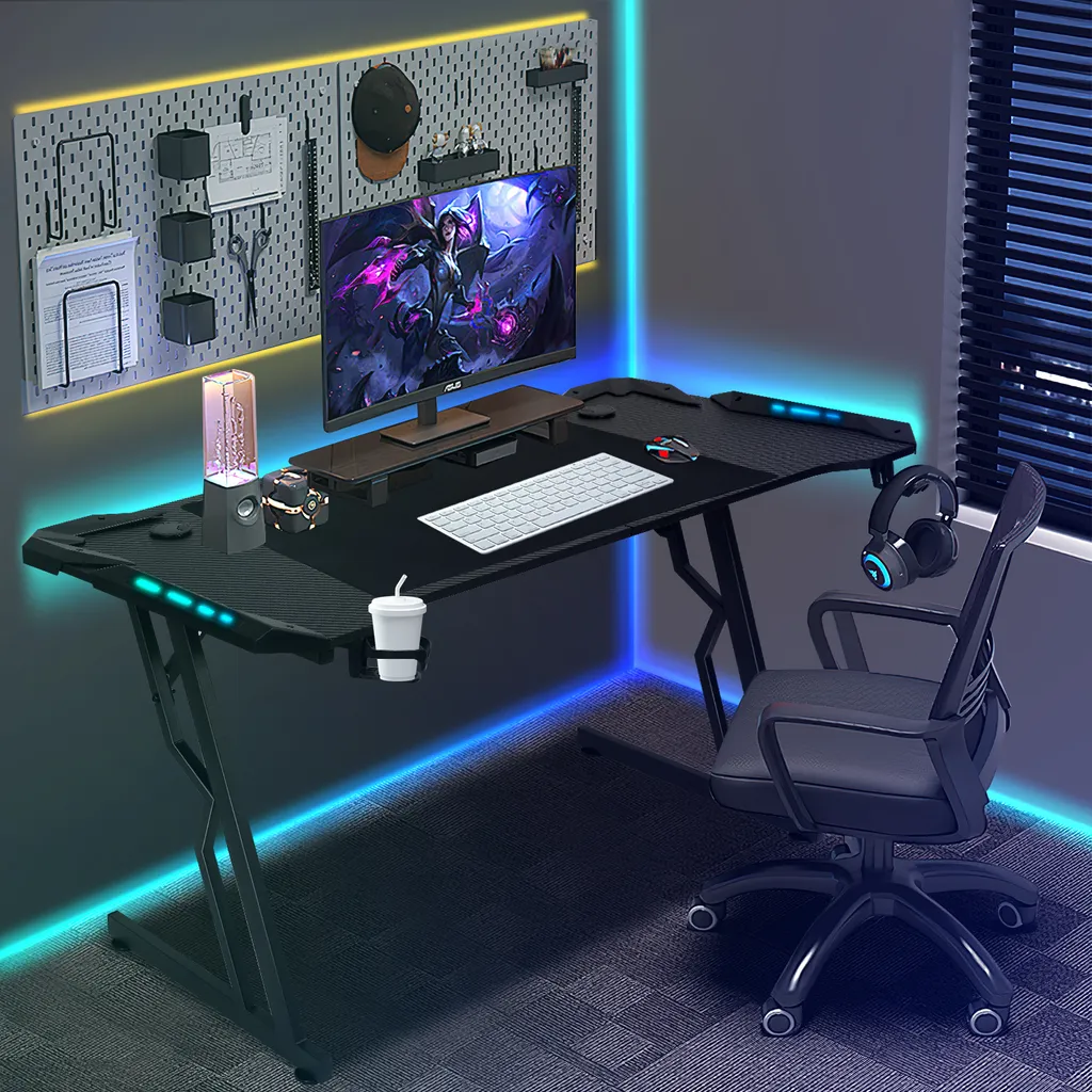 Bettizia Scrivania a Z per computer 140x60cm, tavolo da gioco a LED con portabicchieri, gancio per cuffie, scrivania per casa e ufficio (nero)