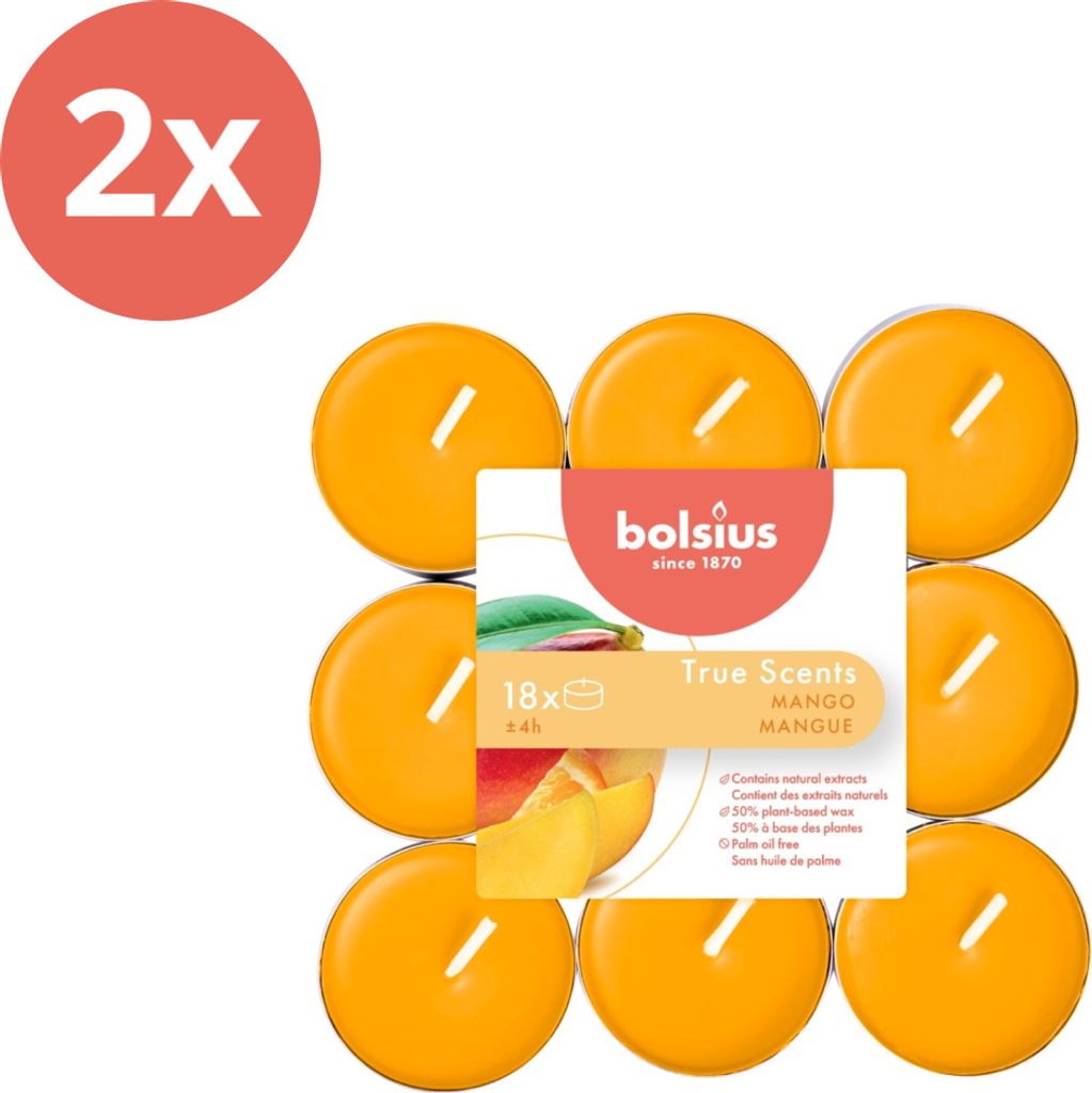 Bolsius - True Scents - Duft-Teelichter - 18 Stück pro Packung - Mango - Vorteilspack - 36 Stücke - 2 Verpackung
