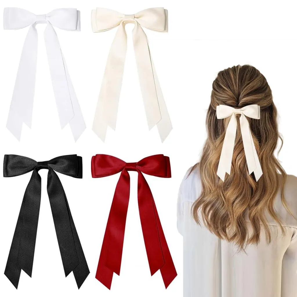 Lot de 4 barrettes métalliques à ressort longues avec ruban français chic