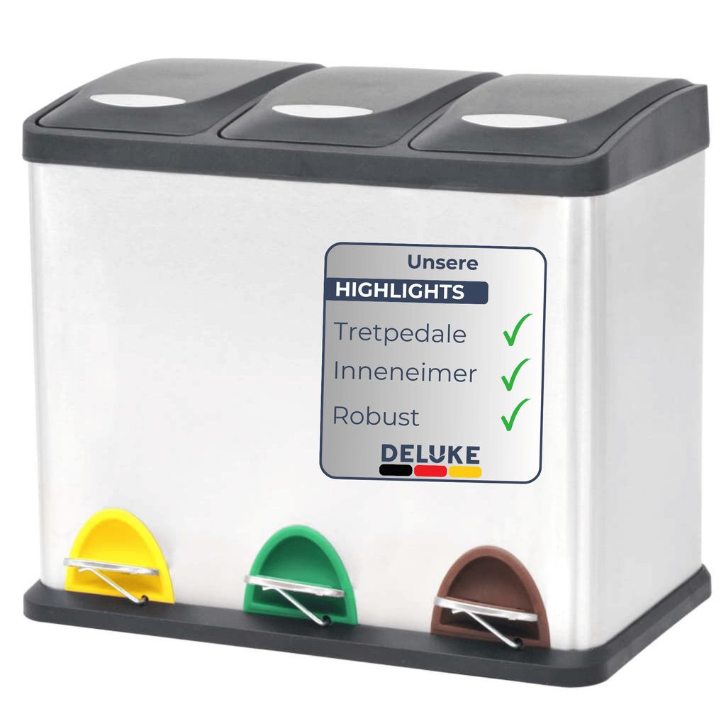 DELUKE Mülleimer 3 Fächer Edelstahl - 3x 8L Inneneimer herausnehmbar | Pedaleimer Tretmülleimer Küche Abfalleimer mit Deckel Müllbehälter K...