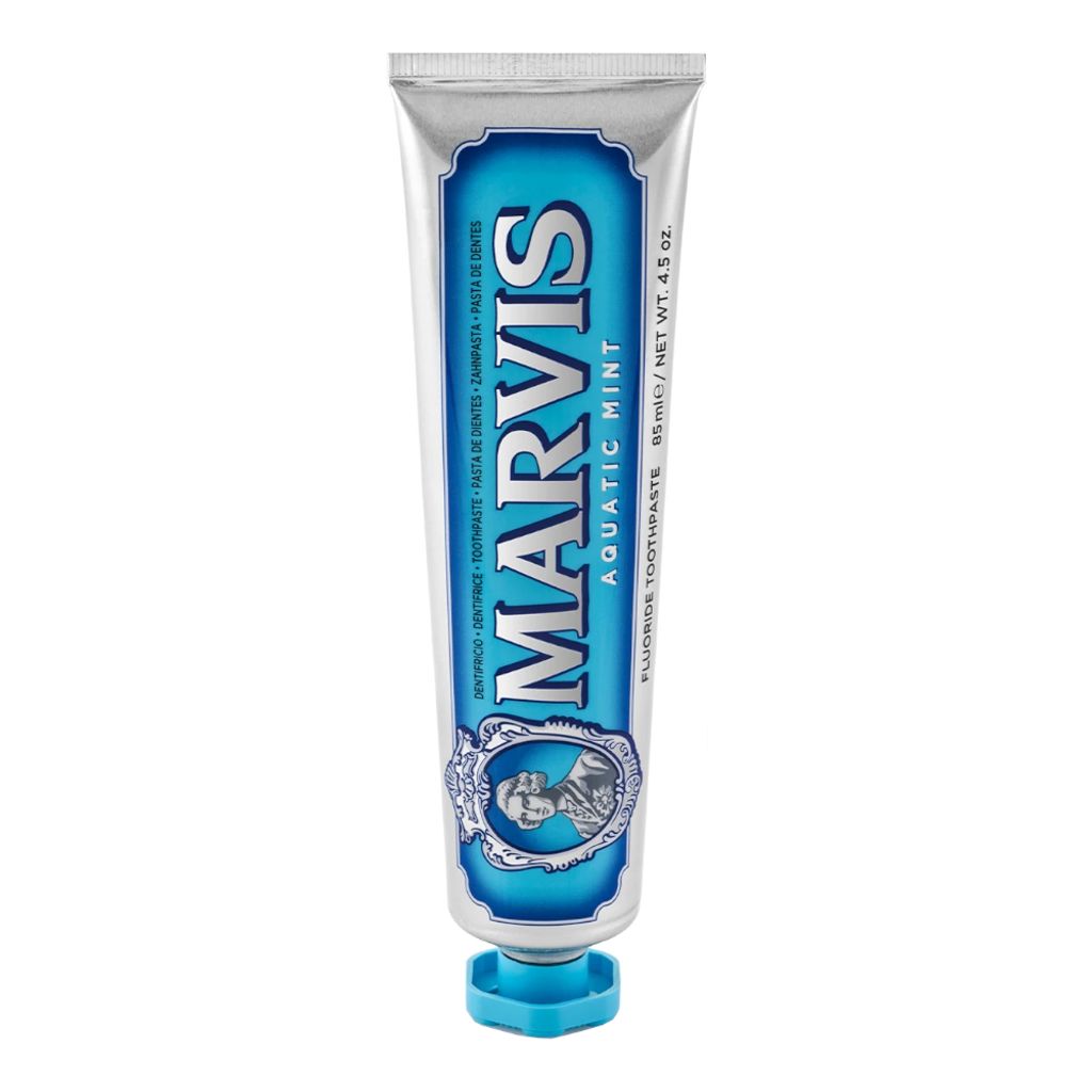 A tube of Marvis Aquatic Mint toothpaste.
