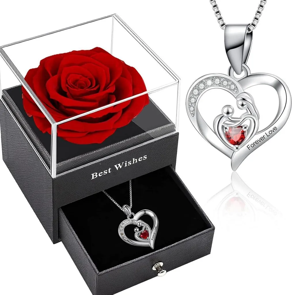 Cadeau Fête des Mères : Rose Éternelle et Collier Coeur en Argent 925