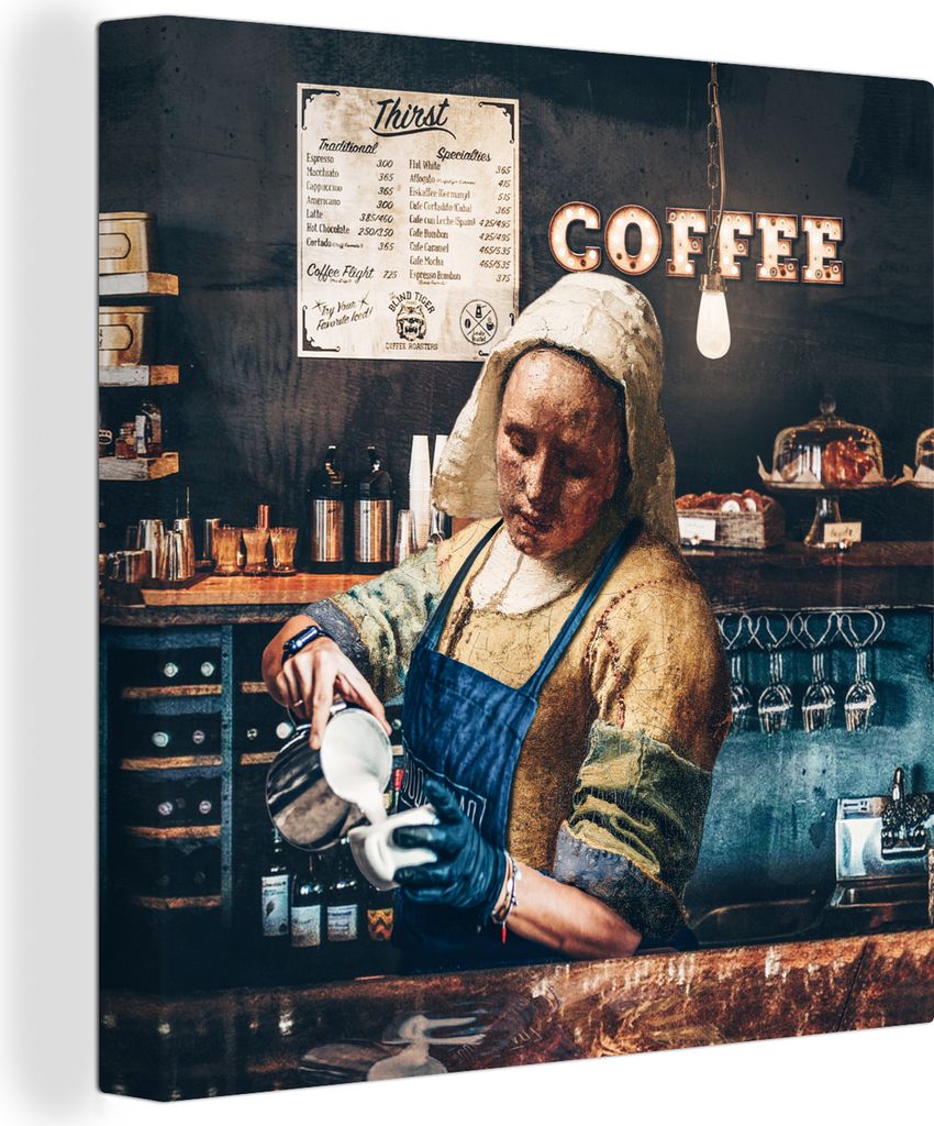 MuchoWow - Leinwandbilder - Milchmädchen - Barista - Cappuccino - Vermeer - Kaffee - Kunst _ Malerei, Wandbild, Wanddeko Bilder Wohnzimmer, 90x9...