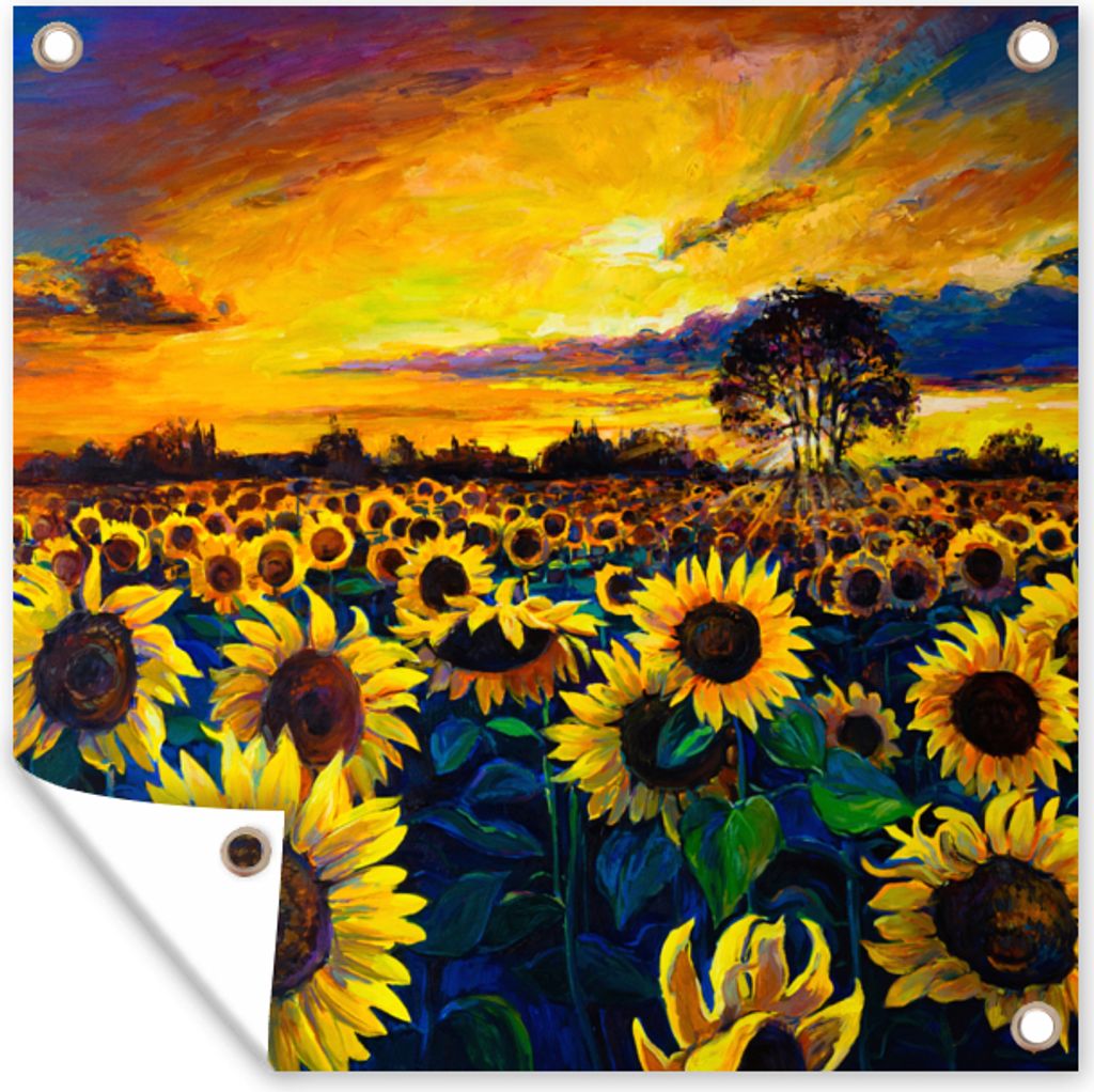 MuchoWow 50x50 cm Outdoor-Poster Gartendeko Sichtschutz Garten Poster für den Garten Gemälde - Ölfarbe - Blumen - Sonnenblume
