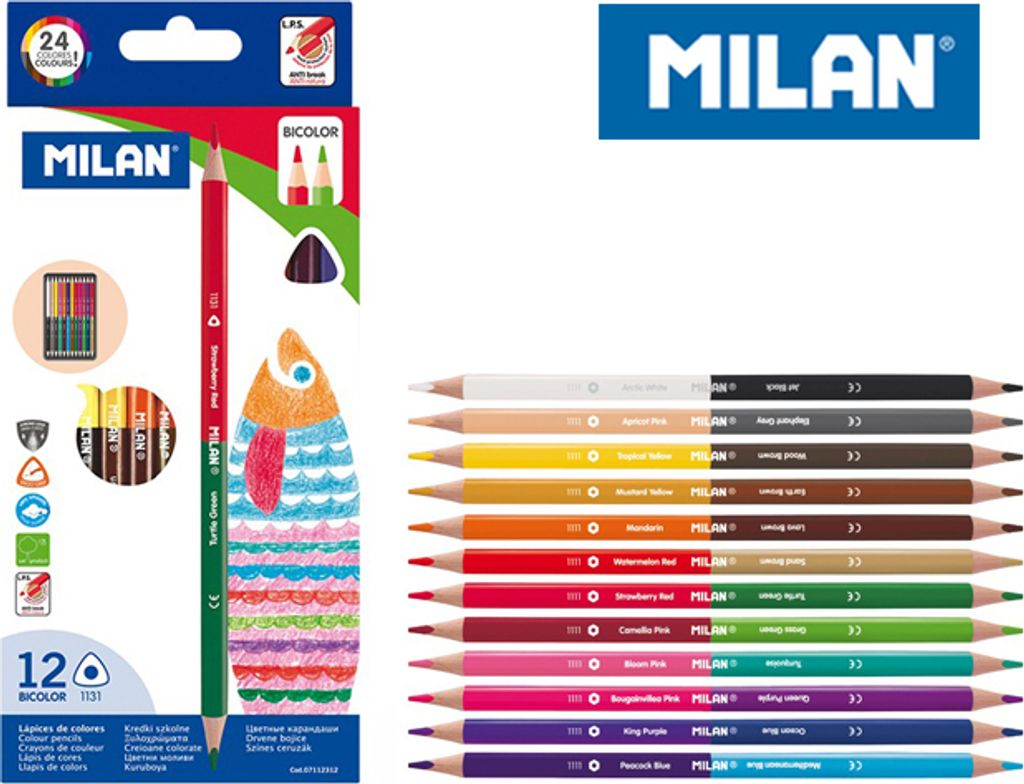 Bicolor-Dreieckstifte, 24 leuchtende Farben, Milan