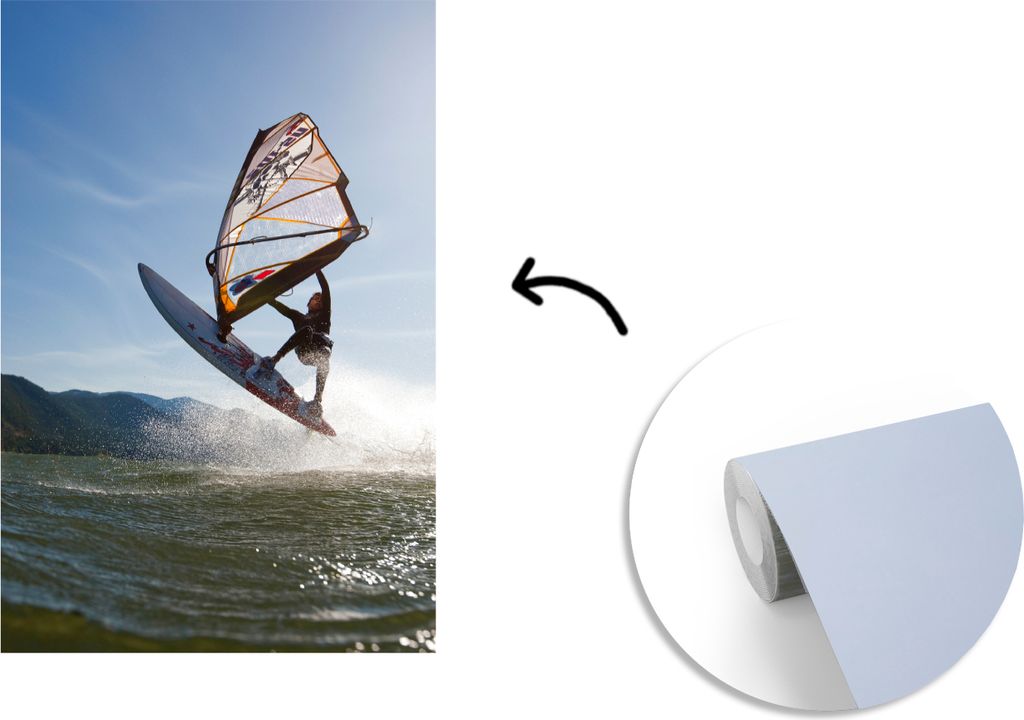 MuchoWow Fototapete für Wohnzimmer oder Schlafzimmer Wandtapete Vinyl Motivtapete Ein Junge geht windsurfen - 175x260 cm - Vinyltapete