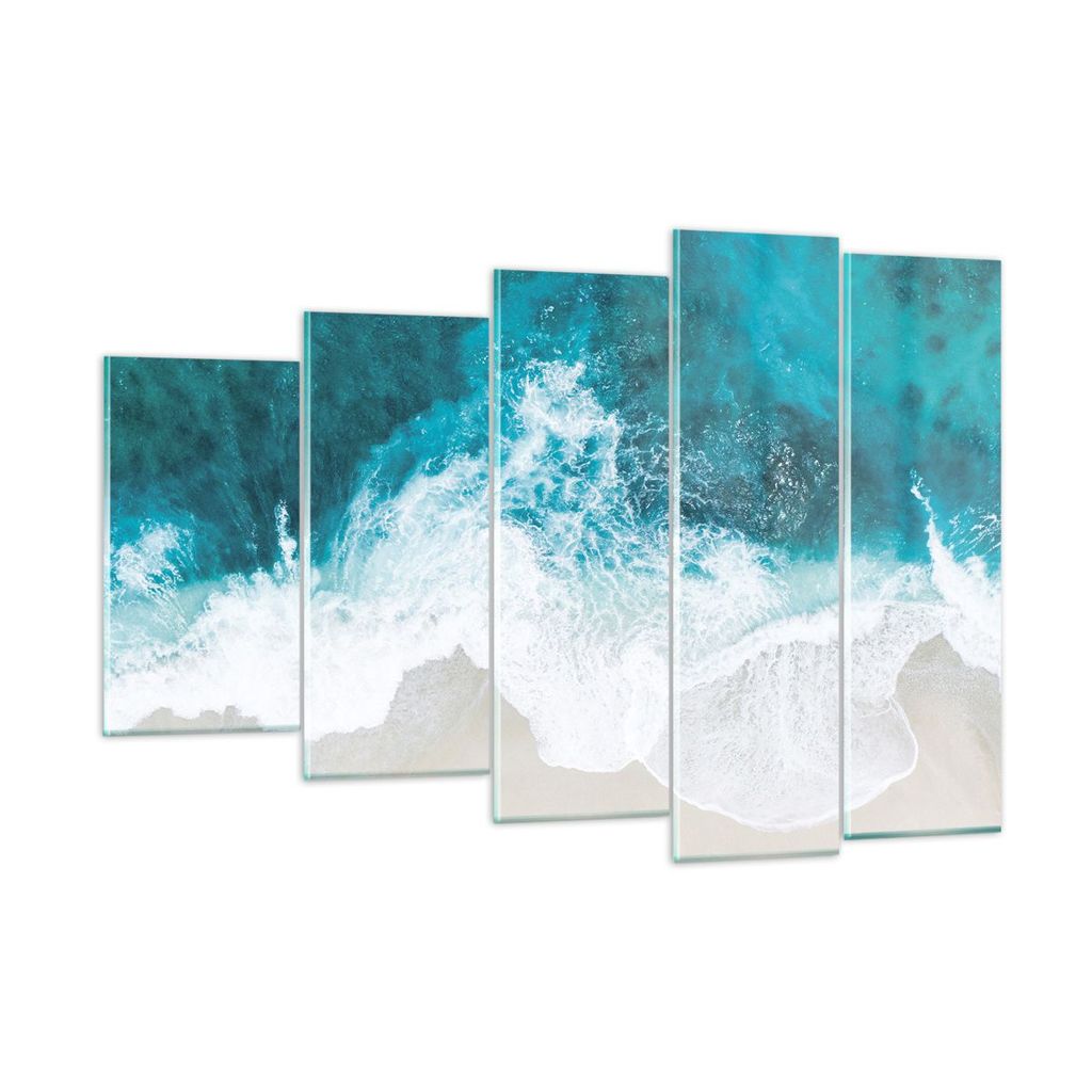 Bilder auf glas - 5 Teile - Luftaufnahmen Strand Welle - 150x100cm - Glasbilder - Wandbilder - Bilder - Wanddekoration aus Glas - Glas Bilder - Wan...