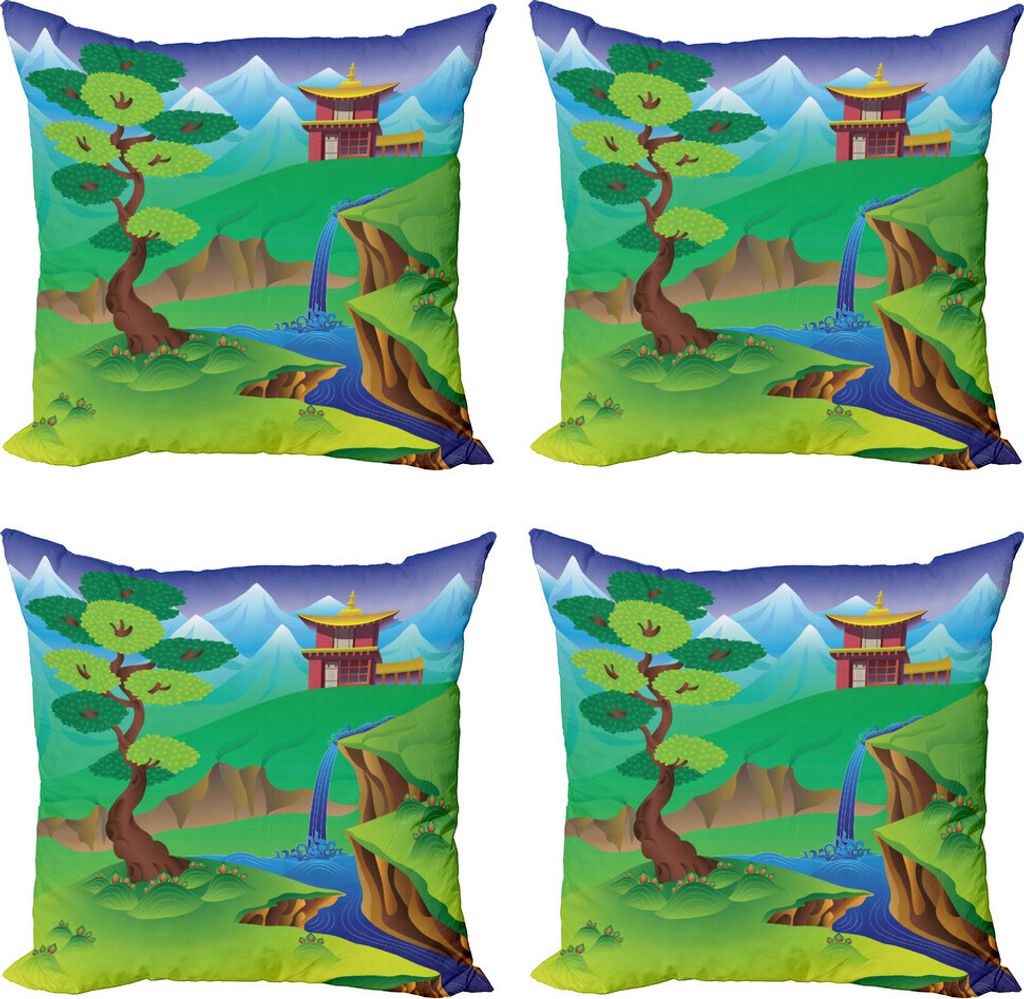 ABAKUHAUS Tibetisch Kissenbezug Set (4 Stück), Cartoon-chinesischer Wald, Moderner Doppelseitiger Digitaldruck, 60 cm x 60 cm, Mehrfarbig