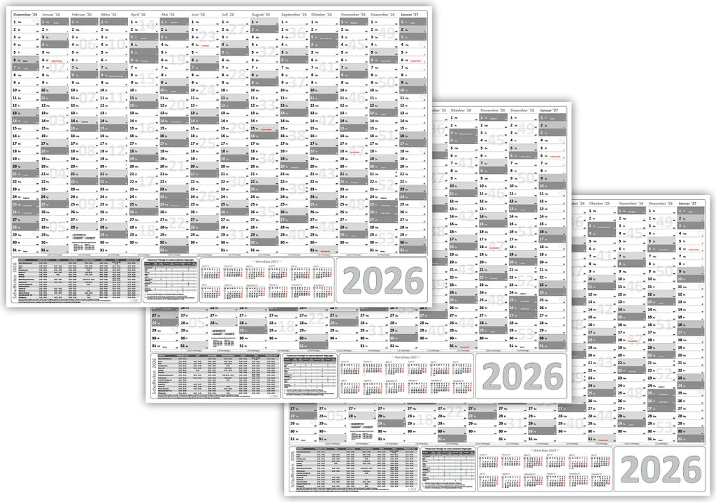 3 Stück XXL Wandkalender Wandplaner 2026 grau (gerollt) DIN A0 Format (841 x 1189 mm) 14 Monate komplette Jahresvorschau Folgejahr und Ferientermi...