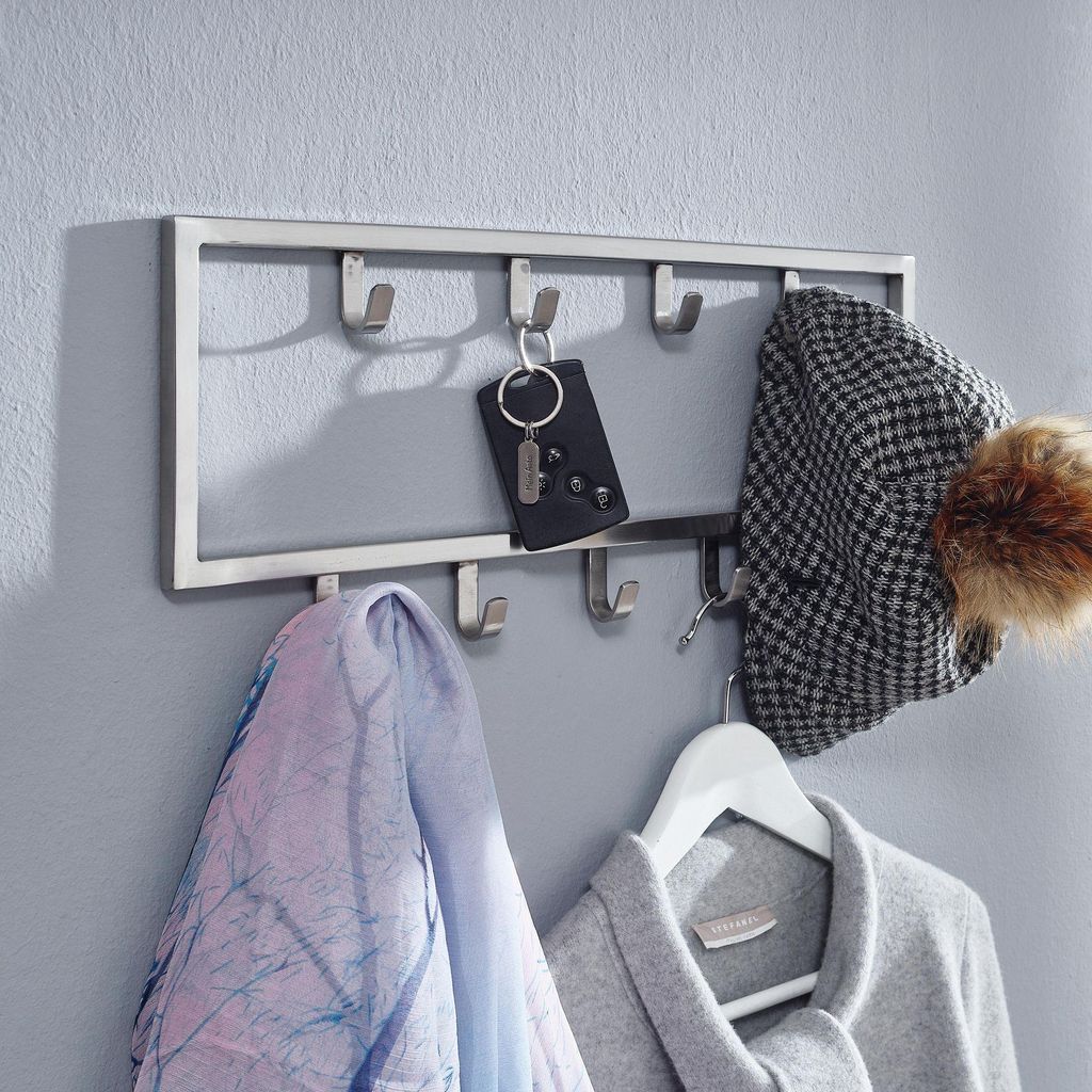 WOHNLING Wandgarderobe Metall Silber 50x20x4 cm Design Flurgarderobe Stahl Hakenleiste Wandpaneel Garderobe Wand Garderobenleiste Flur