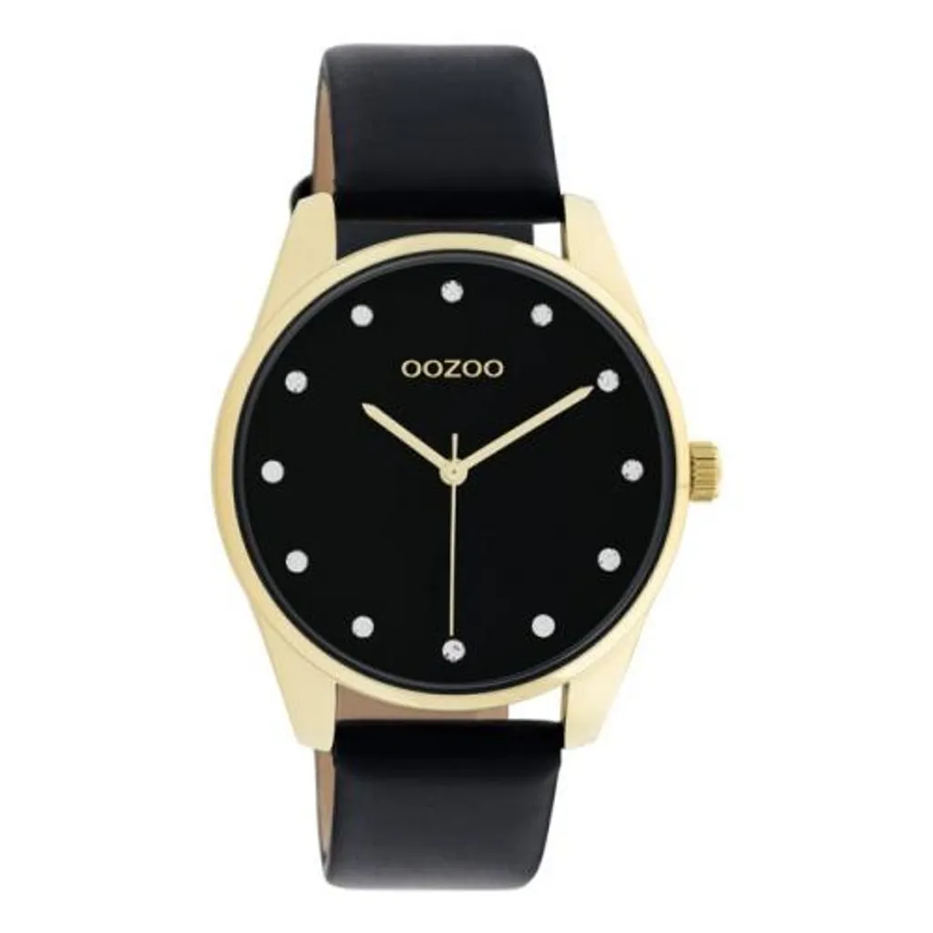 Montre Oozoo Timepieces Femme Noir et Or avec Bracelet en Cuir Véritable