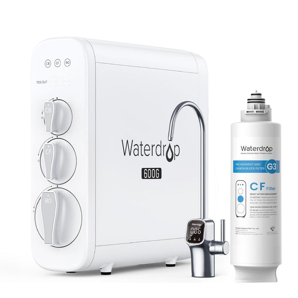 A white Waterdrop G3P600 reverse osmosis water filtration system with a separate filter cartridge and a faucet.