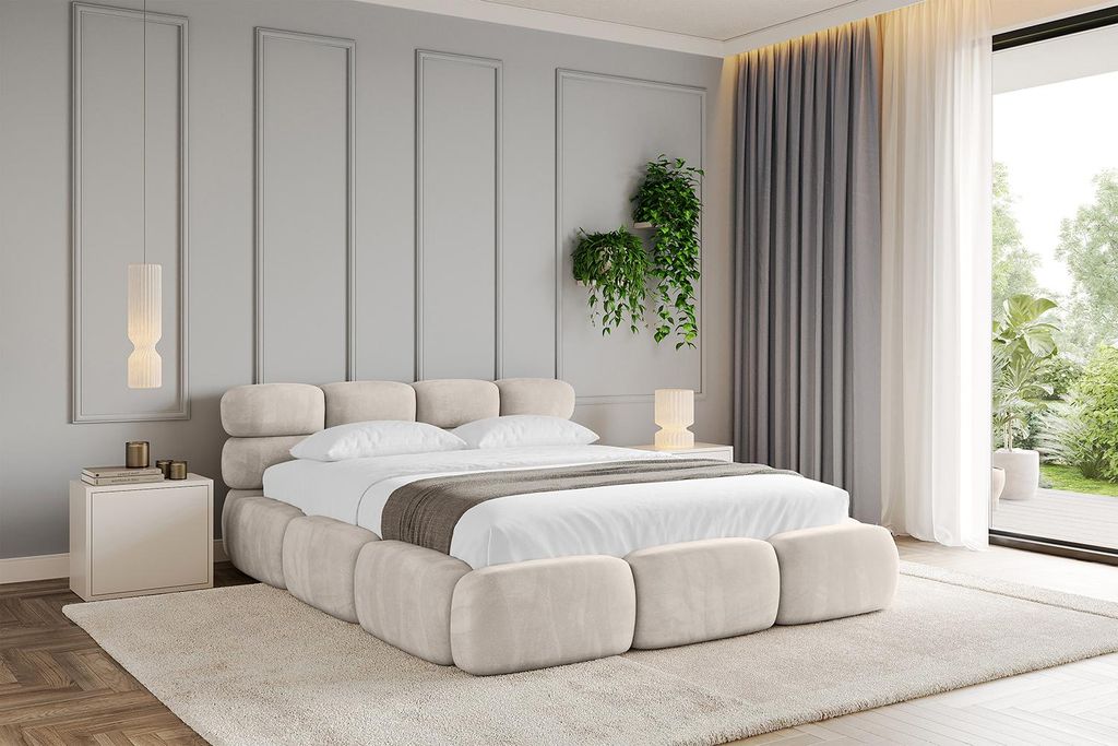 ALTDECOR Polsterbett mit Matratze H3/H4 und Bettkasten NOMA v1 - 200x200 Beige - Bett mit Lattenrost, Kopfteil, Boxbett, Doppelbett mit Stauraum