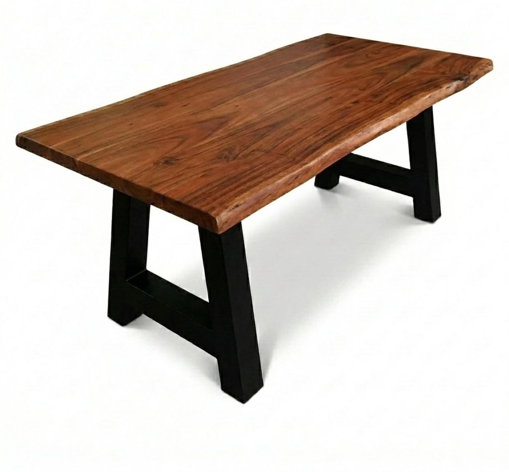 Baumkantentisch Cali 200 x 100 cm, Akazienholz massiv nussbaumfarben, 50 mm Tischplatte, Esstisch mit A-Metallgestell Schwarz, Industrial-Design