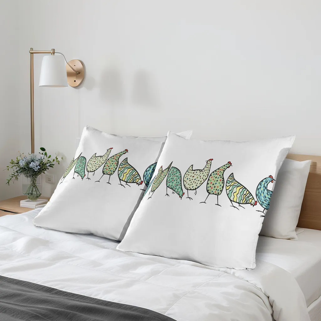 ABAKUHAUS Federa per cuscino con motivo pollo, confezione da 2, simpatici animali della fattoria in stile geometrico infantile, pollame, agricoltura, bambini, federa decorativa stampata, 80x80 cm, verde chiaro e bianco - 2
