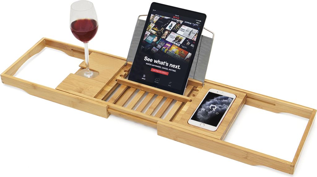 QUVIO Ausziehbares Badregal - Bücherhalter Bad - Tablet-Halter Bad - Bambus Badregal - Badewanne - Badewannenständer - Badregal - Badbrücke - Ba...