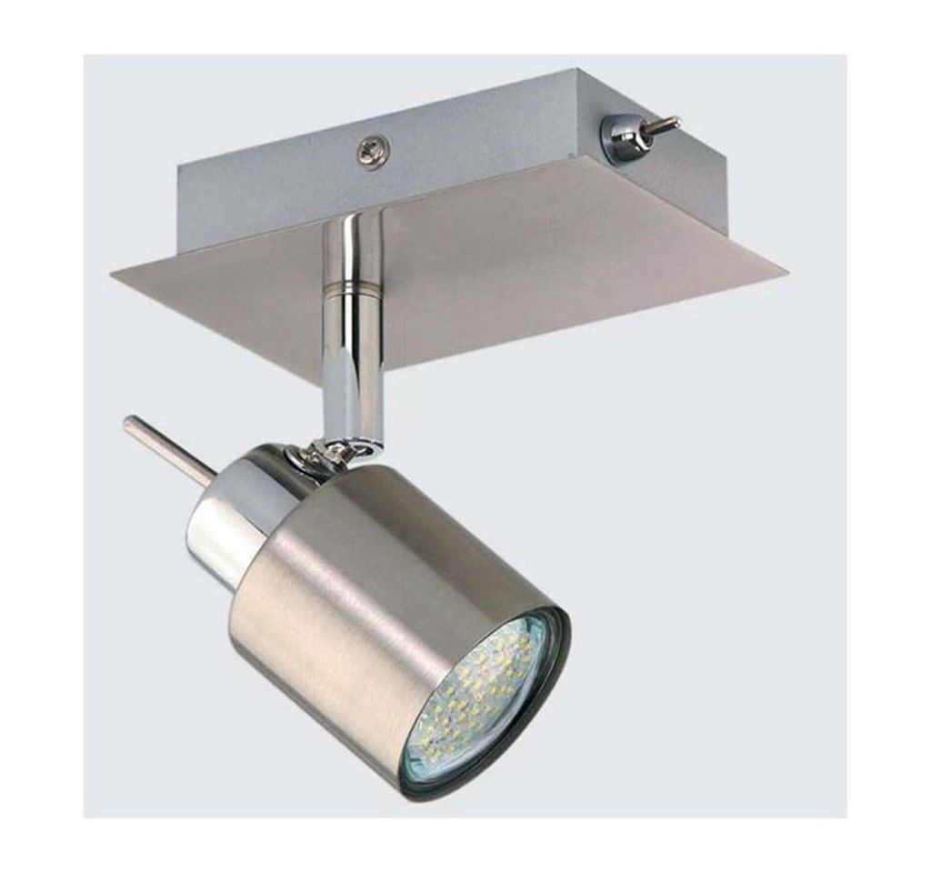 A studio product shot of a modern ceiling light fixture with an adjustable spotlight.