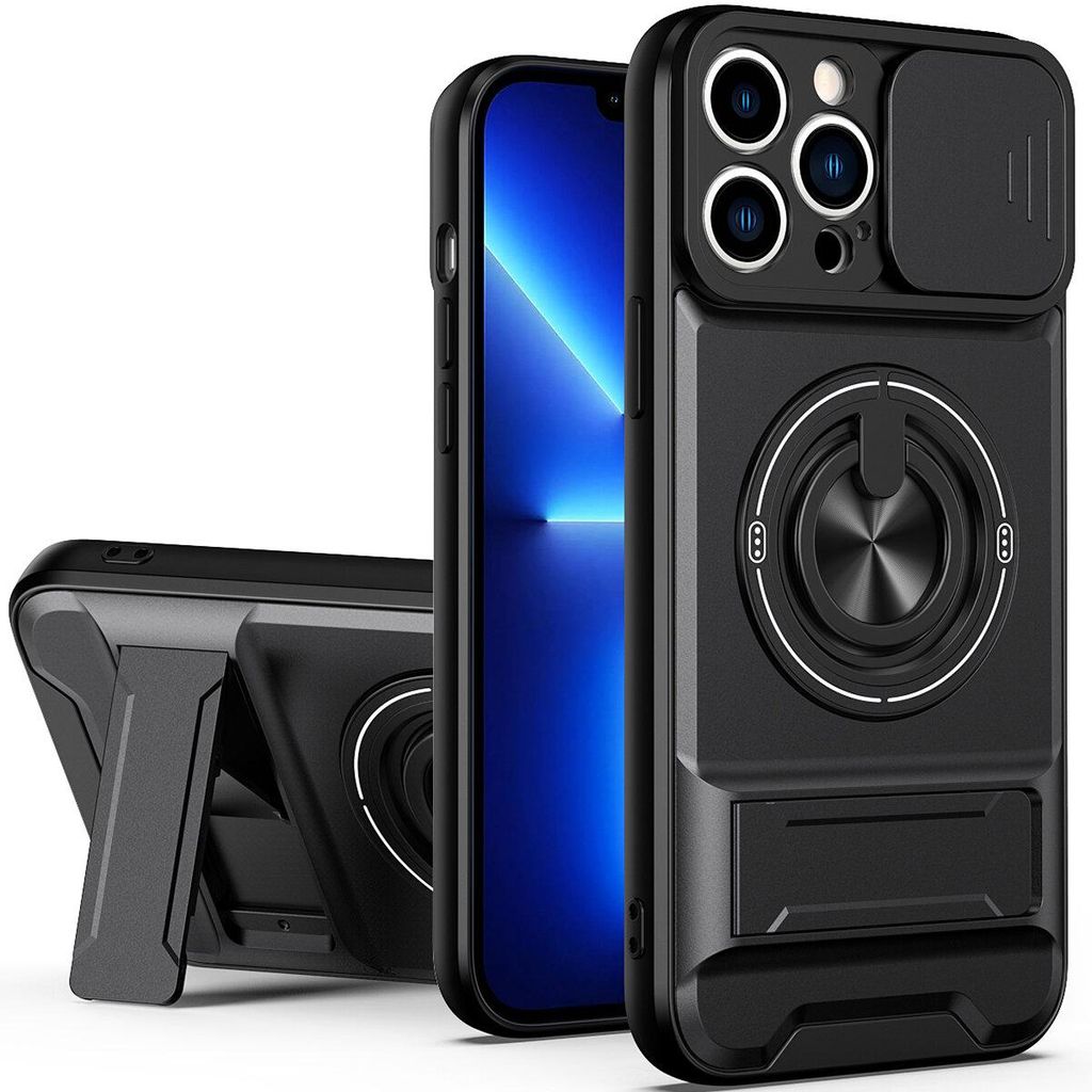 Magnetisch Hülle für iPhone 13 Pro Max Militär Stoßfest Hülle mit Dia Kameraschutz und Ringhalter Ständer Schwarz