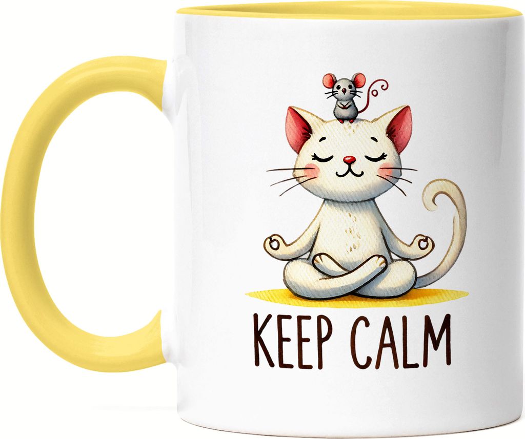 Keep Calm Tasse Gelb Geschenkidee für Yoga-Fans und Katzenliebhaber