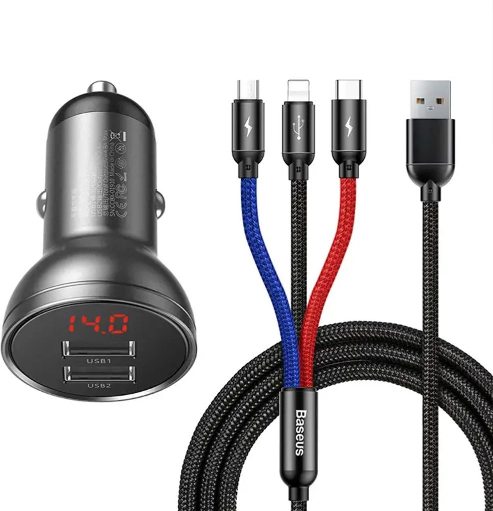 Baseus Autoladegert 2x USB 4,8A 24W mit LCD + 3ins1 Kabel USB - USB Typ C / micro USB / Lightning schwarz (TZCCBX-0G)