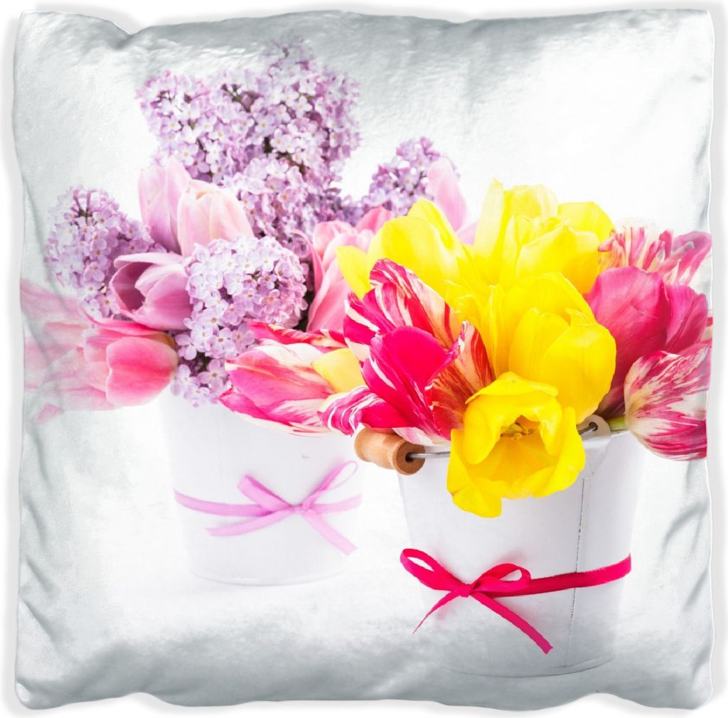 Wallario Premium Kissen, weiche Oberfläche, mit Motiv Zwei Blumen-Bouquets aus gelben und roten Tulpen und Flieder, Größe: 60 x 60 cm, mit weiß...