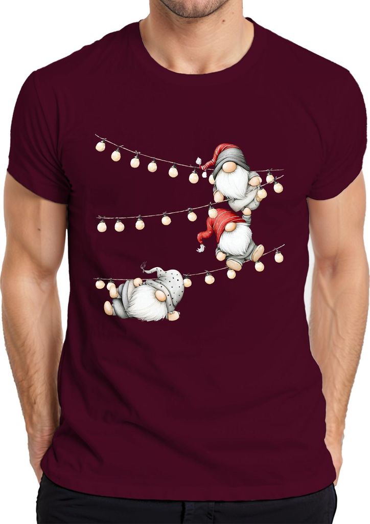 Weihnachtswichtel Gnome Lichterkette Weihnachten Geschenk Skandinavisch Herren T-Shirt, Burgundy, M