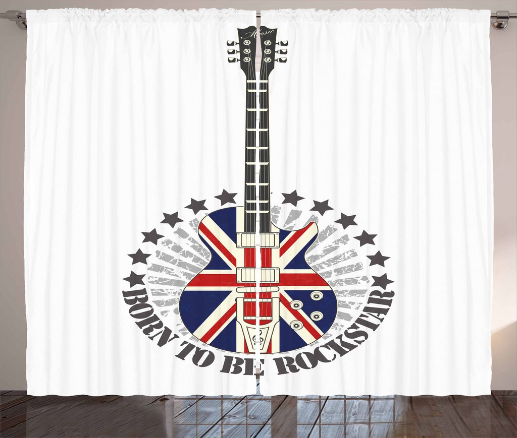 ABAKUHAUS Rockmusik Rustikaler Gardine, England-Flaggen-Gitarre, Schlafzimmer Kräuselband Vorhang mit Schlaufen und Haken, 280 x 175 cm, Red Royal...