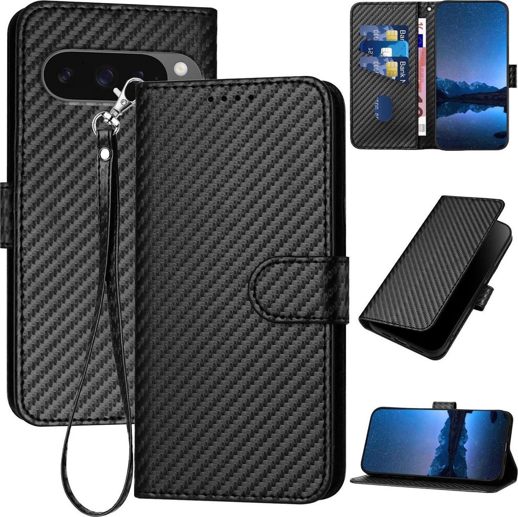 Für Google Pixel 10 / 10 Pro Carbon Fiber Design Kunstleder Hülle Tasche mit Lanyard Schwarz