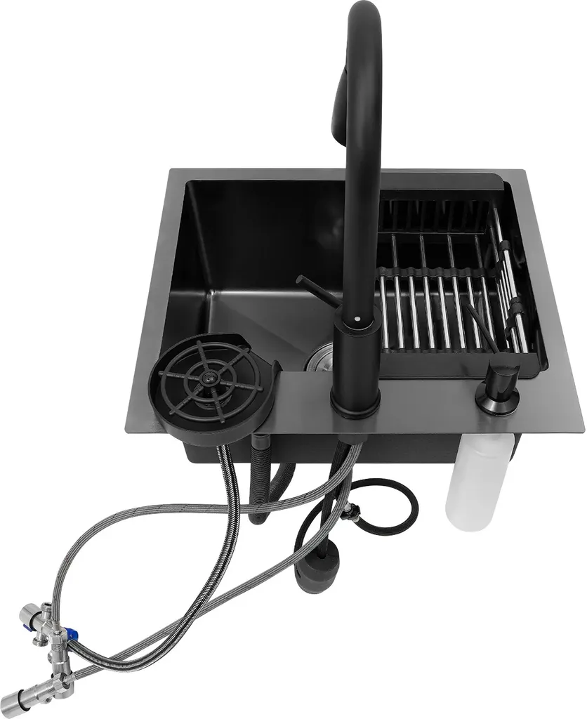 Évier de cuisine fonctionnel noir inox, robinet mobile et savon intégré