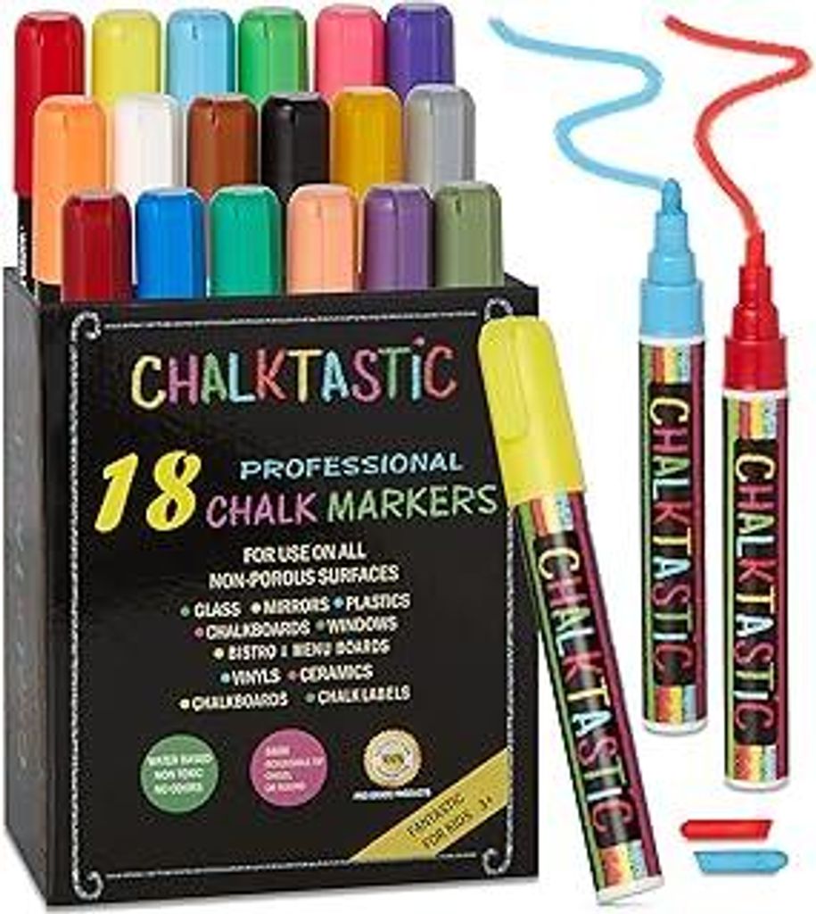 Chalktastic Colorful Art Co. Kreidestifte für Fenster, Tafel, Whiteboard etc. - 18 flüssige Kreidemarker mit Rund- und Keilspitze - Abwaschbar (N...