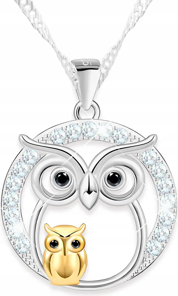 Collana in argento con cerchio e gufo in cristalli, gufo in zirconi neri, ARGENTO 925