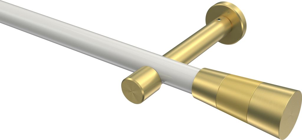 Interdeco Gardinenstange / Vorhangstange Weiß / Messing-Optik, Typ Prestige Tanara (Konus) ohne Ringe, 20 mm Ø 1-läufig, 260 cm