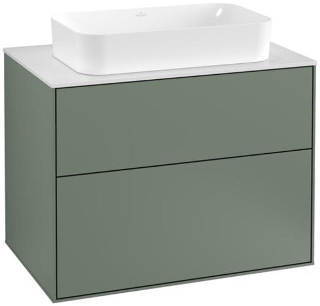 Villeroy & Boch Finion Waschtischunterschrank, 2 Auszüge, mit integrierter Beleuchtung, Waschbecken mittig, mit Hahnloch, 800x603x501mm, Glass Whi...