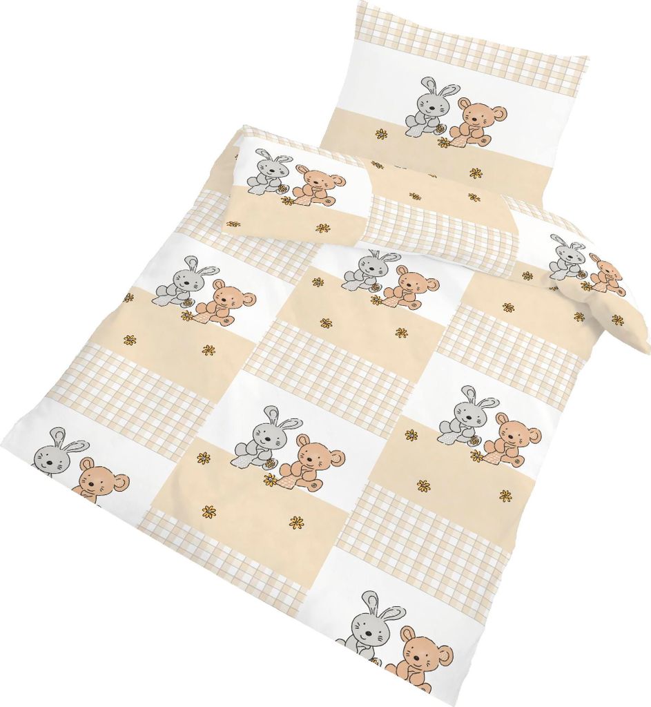 Dobnig Renforcé Kinderbettwäsche 2tlg. 100x135 cm Hase & Bär beige