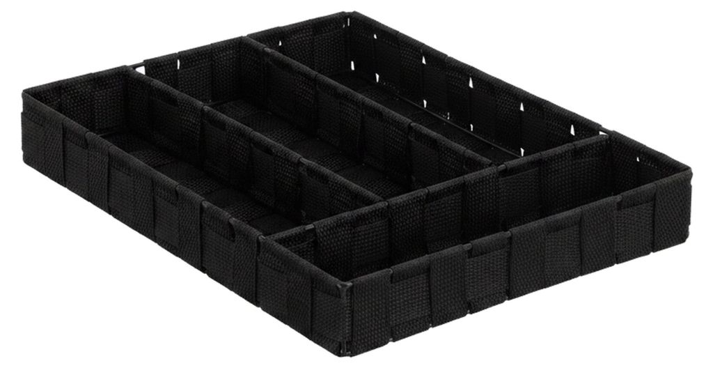 Relaxdays Besteckkasten, Schubladeneinsatz mit 4 Fächern, für Küchenbesteck, geflochten, HxBxT 4,5 x 26 x 36 cm, schwarz