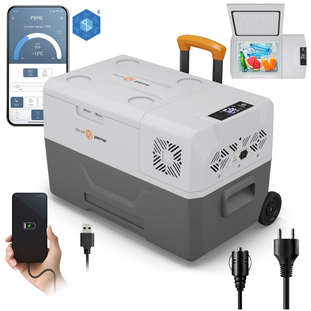 A portable refrigerator with various accessories and a smartphone app interface shown.