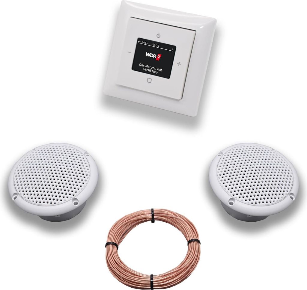 Busch Jäger DAB+ (DAB PLUS) Unterputz Radio 8215U-101 Balance SI Alpinweiß, Komplett-Set mit 2 x Decken Feuchtraumlautsprecher/Badezimmer + 20 m ...