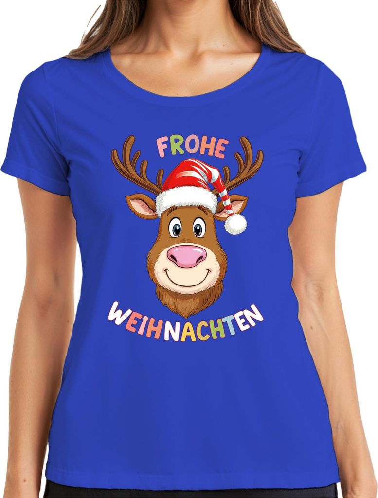 FROHE WEIHNACHTEN Rentier Weihnachtsmütze lustig kinder Geschenk Damen T-Shirt, Blau, XXL
