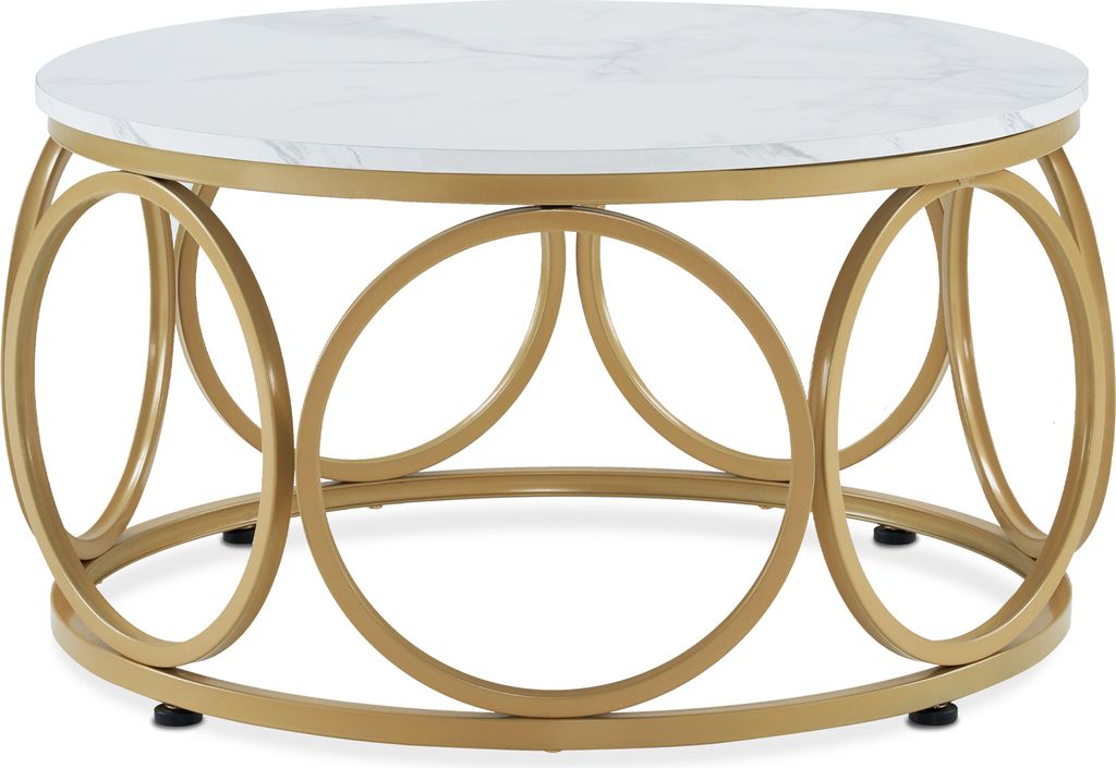 M MCombo Couchtisch Rund Holz, Modern Sofatisch Marmor Weiß Gold, Klein Kaffeetisch Metallgestell, Beistelltisch für Wohnzimmer, Durchmesser 80cm...