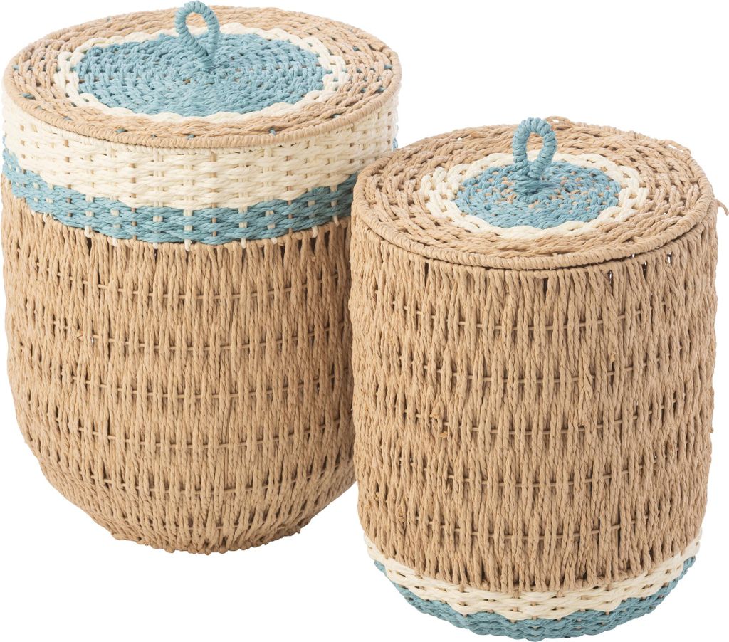J-Line Set Von 2 Korb Mit Deckel Gestreift Papier Naturell/Hellblau