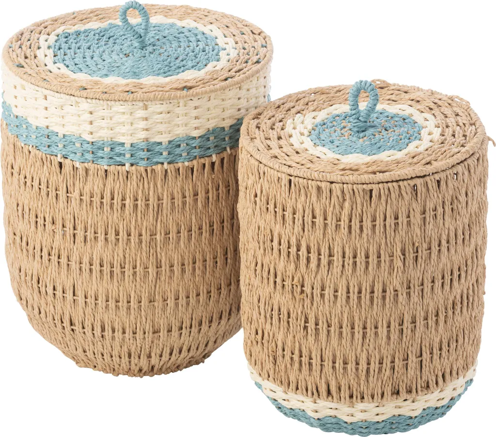Solution de rangement : set de 2 paniers avec couvercle J-Line rayés bleu
