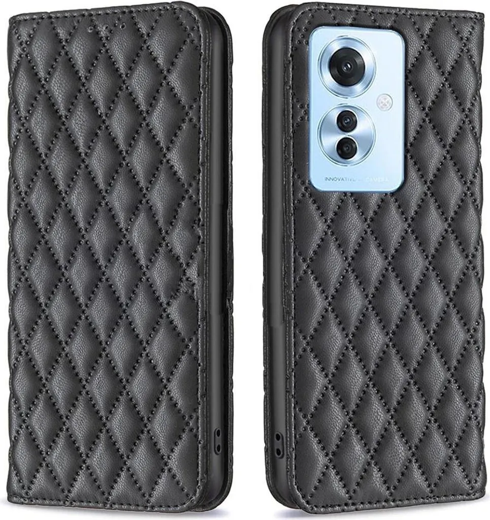 Cover Portafoglio Oppo Reno 11F Nero: Texture Quadri e Stand Video