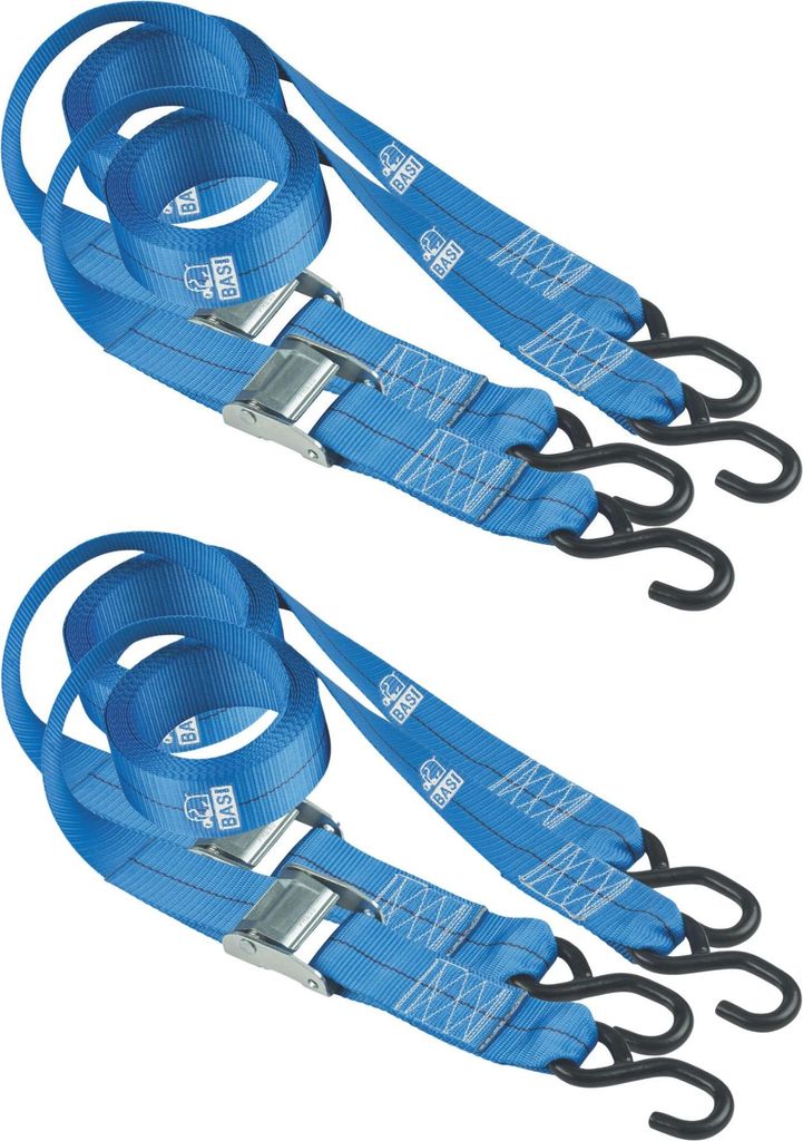 BASI - Spanngurt 4er Set - SG 307 - Blau - mit Klemmschloss und S-Haken - - Zurrkraft 125 kg - 2x0004-0307