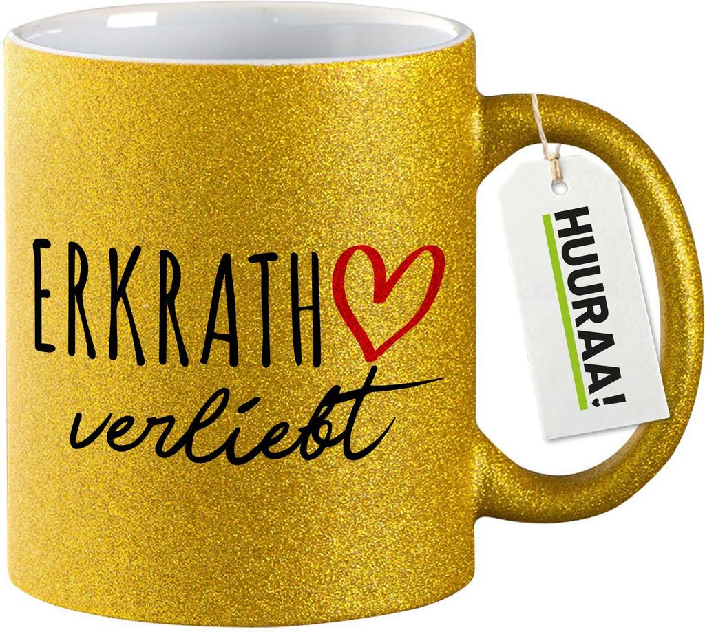 Huuraa Glitzertasse Erkrath verliebt 330ml Gold Keramik Kaffeebecher Geschenkidee