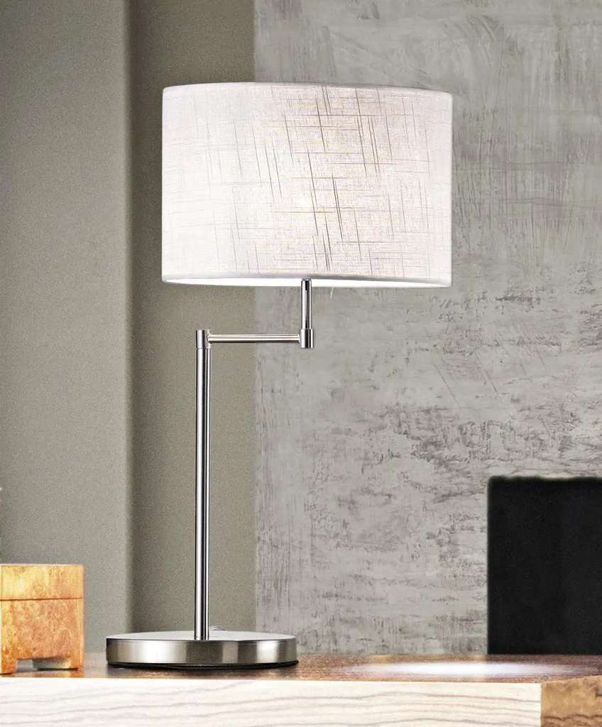 Lampe de Chevet Chrome Poli E27 et Tissu Blanc, Design Élégant Perenz