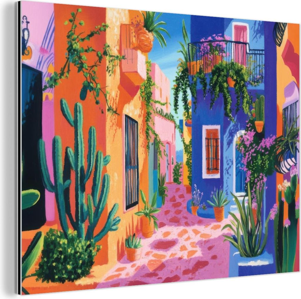 MuchoWow Wanddekoration Metall Metallbild Wandkunst 40x30 cm Gelb - Blau - Orange - Haus MuchoWow Aluminium Gemälde - Dekoration Wohnzimmer