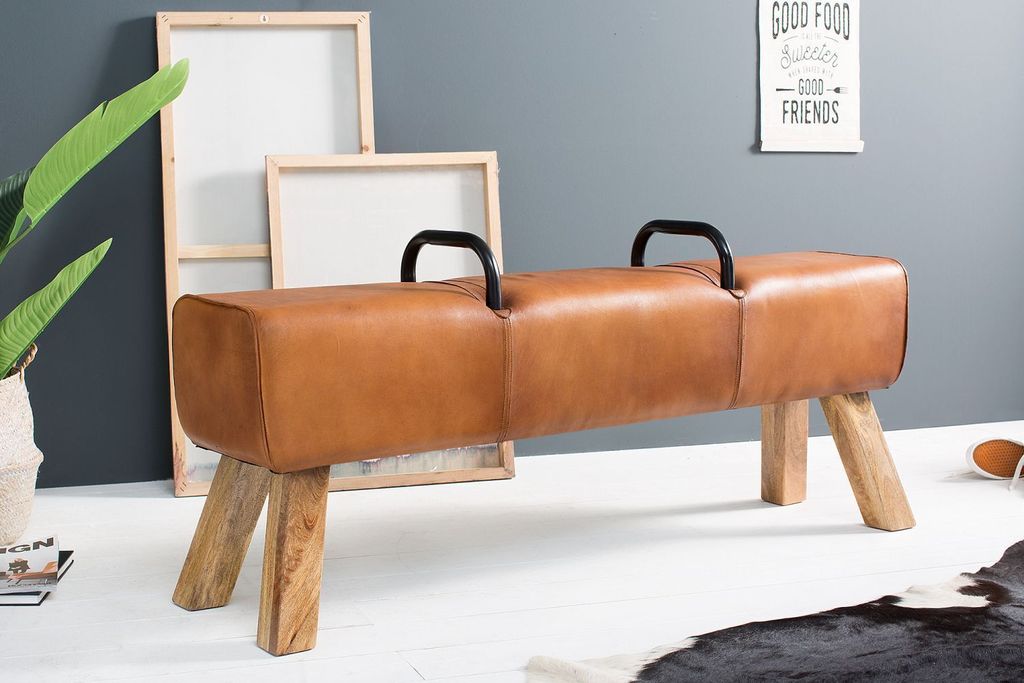 Sitzbank Leder Holz Upcycling 134 x 60 x 35 cm mit Fußstütze Design Bank Esszimmer