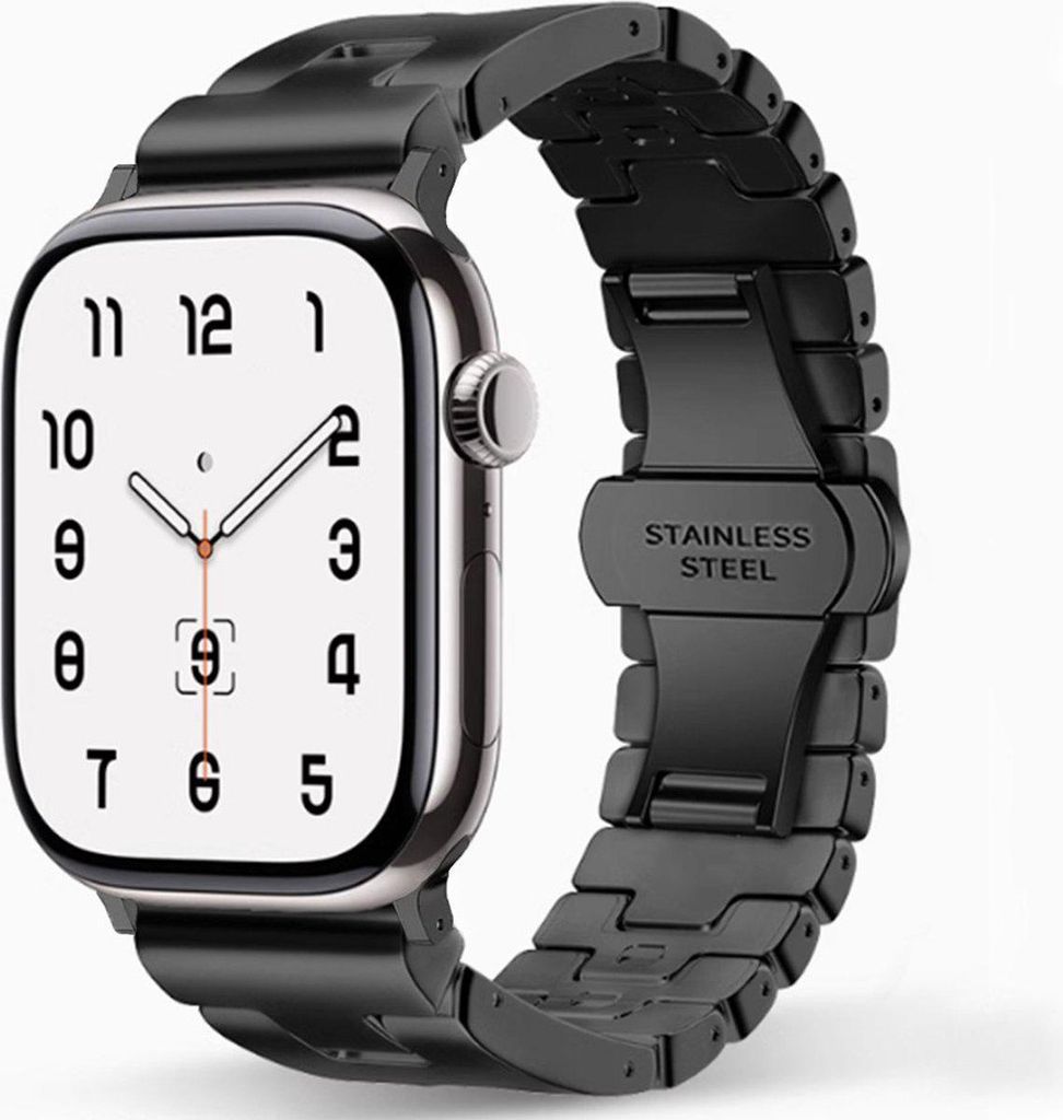 FFO2World Klassisches Metallarmband für Apple Watch 42/41/40/38 mm – H-Design Satin – Kompatibel mit SE/Serie 1–11 – Schwarz