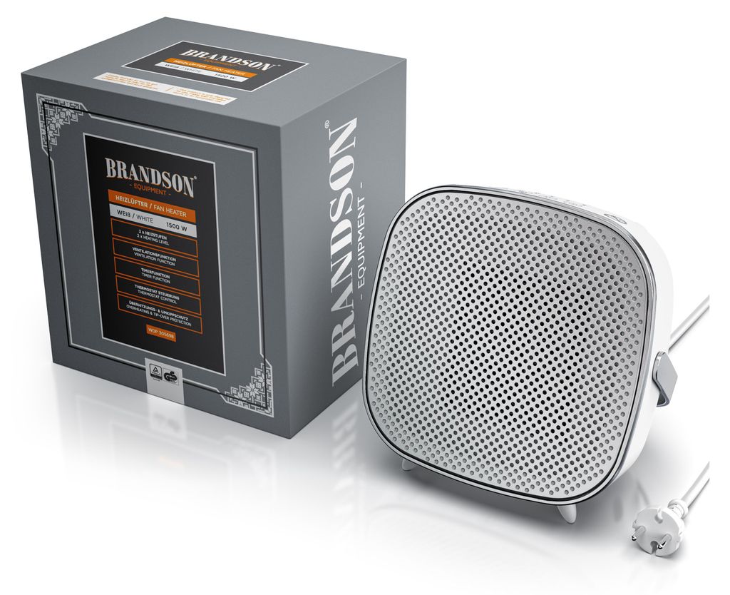 A product box and the heater are shown in a studio setting with a white background.